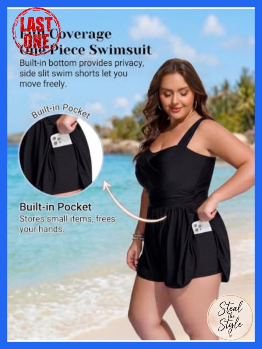 Plus Size One Piece Swimsuit Tummy Control Modest Bathing Suit Romper with - Picture 5 of 5